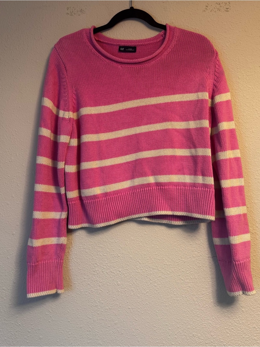 GAP Pink & Cream Striped Cropped Crew Sweater
